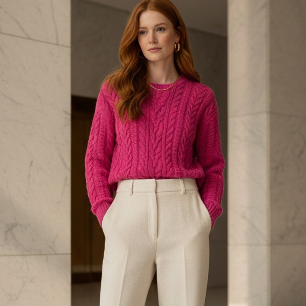 VTG Lauren Ralph Lauren petite Large pink chunky cable knit crew neck sweater